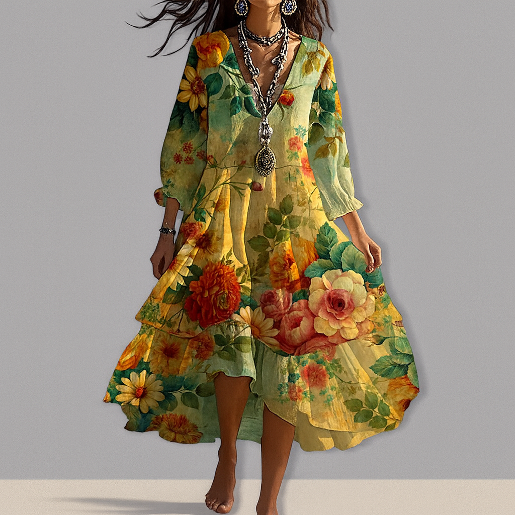 Greta - Vintage Boho Floral V-Neck Dress