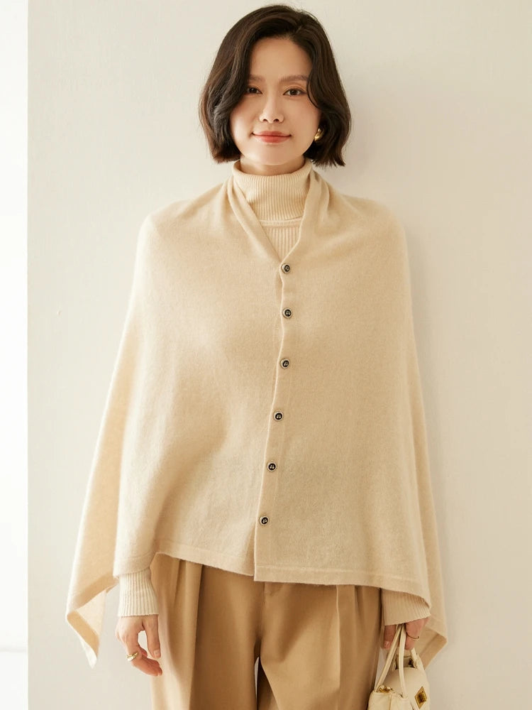 Cashmere Blend Button Wrap Shawl – Soft 35% Cashmere & 65% Wool Layering Piece