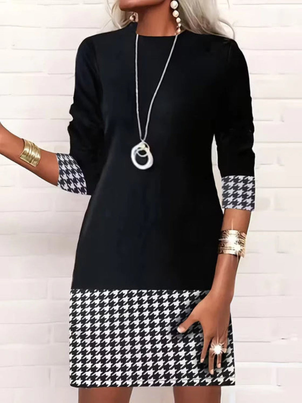 Women’s Houndstooth Shift Dress – Long Sleeve Polyester Smart Casual Dress