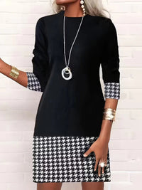 Women’s Houndstooth Shift Dress – Long Sleeve Polyester Smart Casual Dress