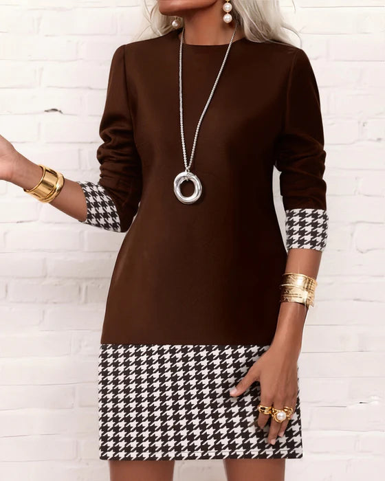 Women’s Houndstooth Shift Dress – Long Sleeve Polyester Smart Casual Dress
