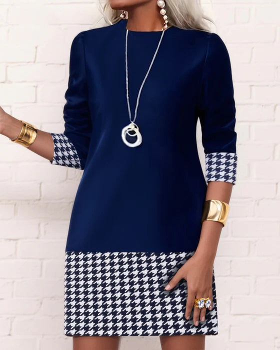 Women’s Houndstooth Shift Dress – Long Sleeve Polyester Smart Casual Dress