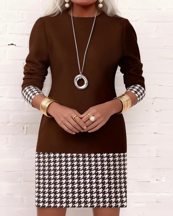 Women’s Houndstooth Shift Dress – Long Sleeve Polyester Smart Casual Dress