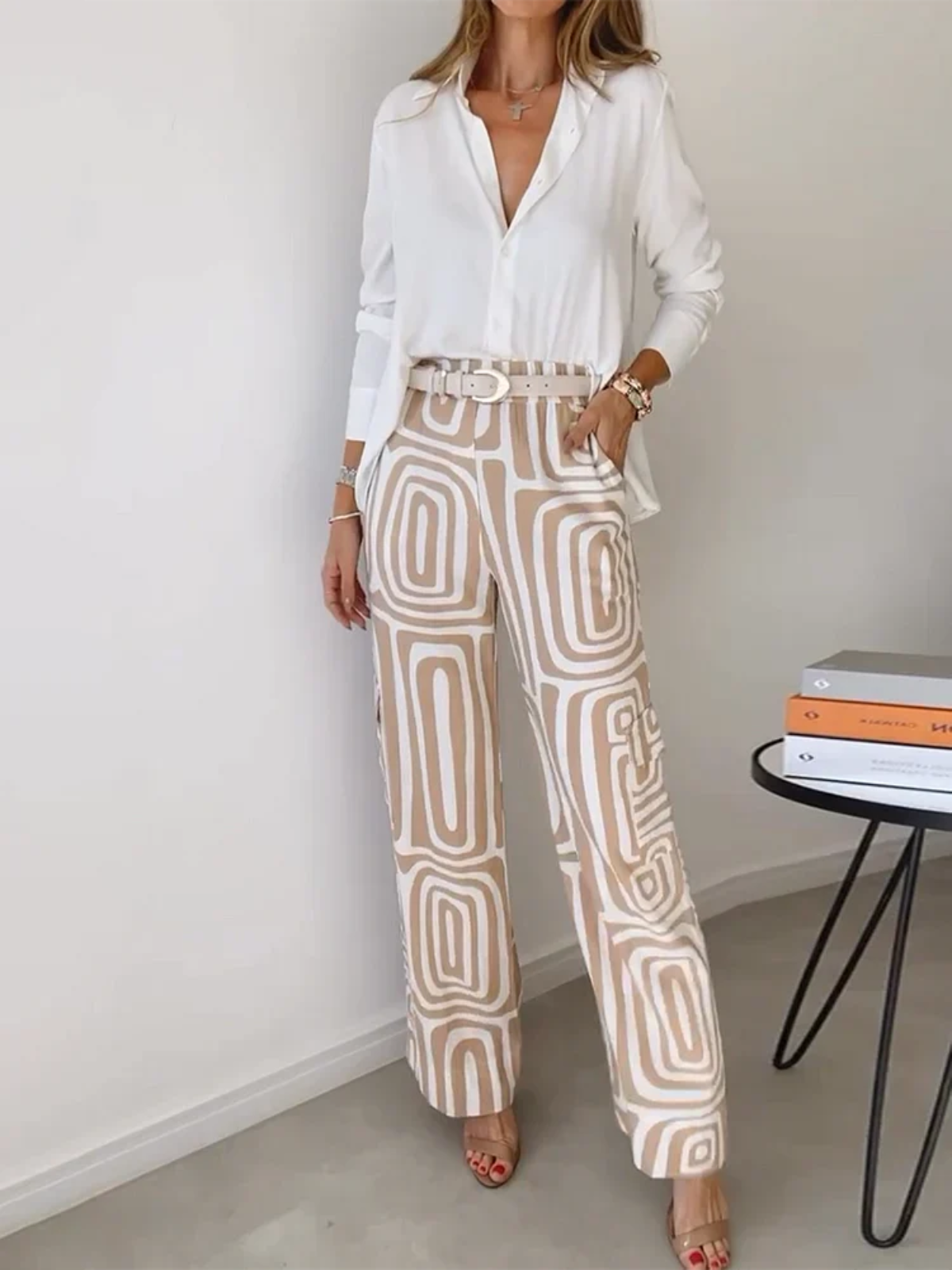 Women’s Wide Leg Trouser Set – Long Sleeve Blouse &amp; Elastic Waist Trousers
