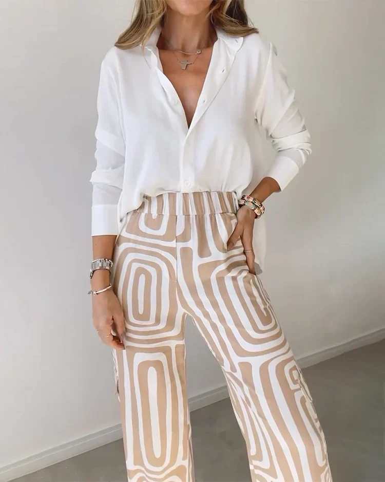Women’s Wide Leg Trouser Set – Long Sleeve Blouse &amp; Elastic Waist Trousers