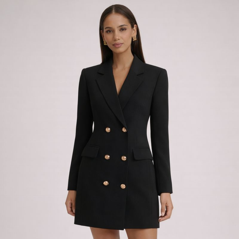 Women’s Double Breasted Blazer Dress – Tailored Mini with Gold Buttons