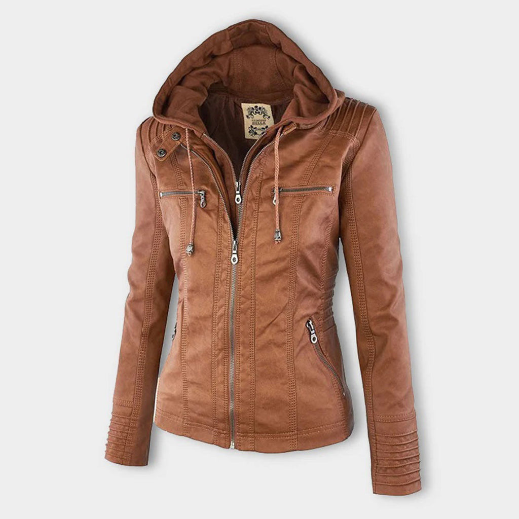 PU leather jacket with hood for women