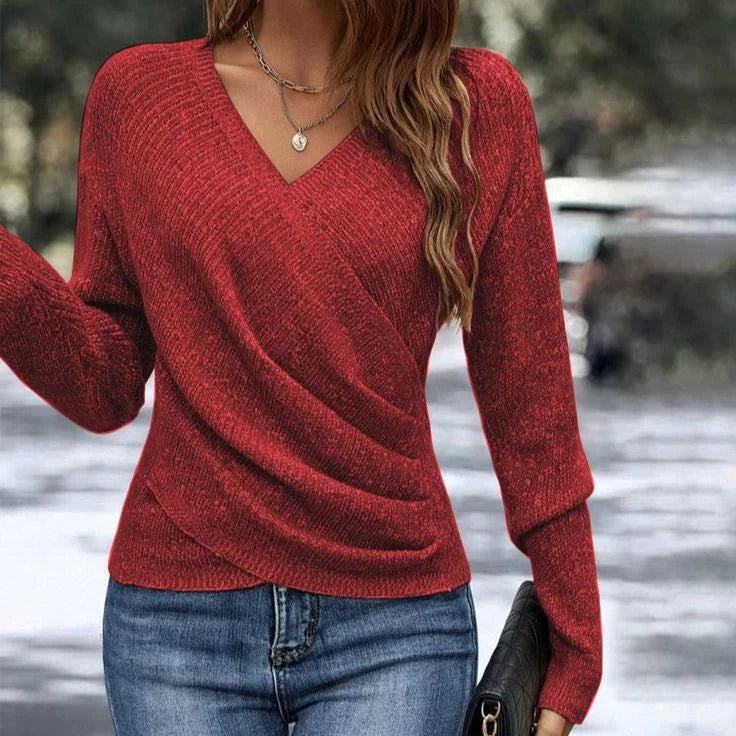 V-Neck Sweater for Women – Cross-Front Relaxed Fit Jumper for Everyday Spring Wear