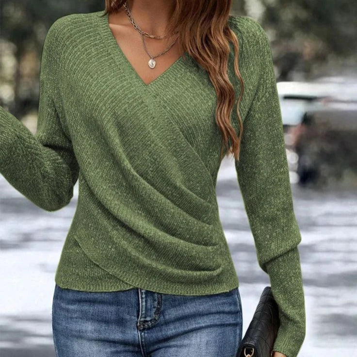 V-Neck Sweater for Women – Cross-Front Relaxed Fit Jumper for Everyday Spring Wear