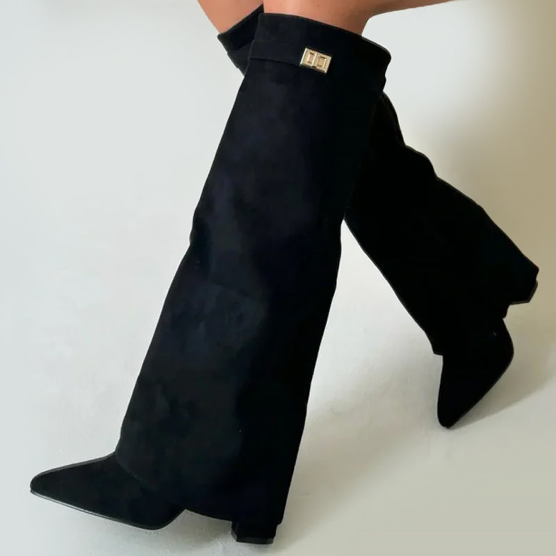 Knee-High Suede Boots for Women with Fold-Over Cuff and Chunky Heels