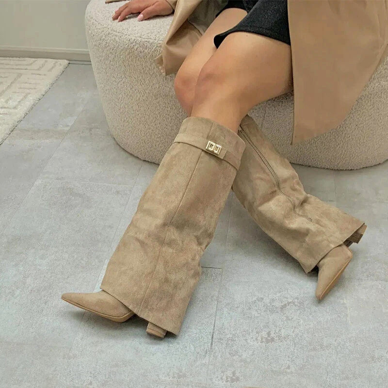 Knee-High Suede Boots for Women with Fold-Over Cuff and Chunky Heels