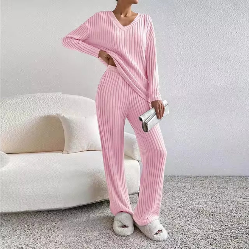 Women’s Ribbed Two-Piece Lounge Set – Relaxed Fit V-Neck Sweater and Trousers
