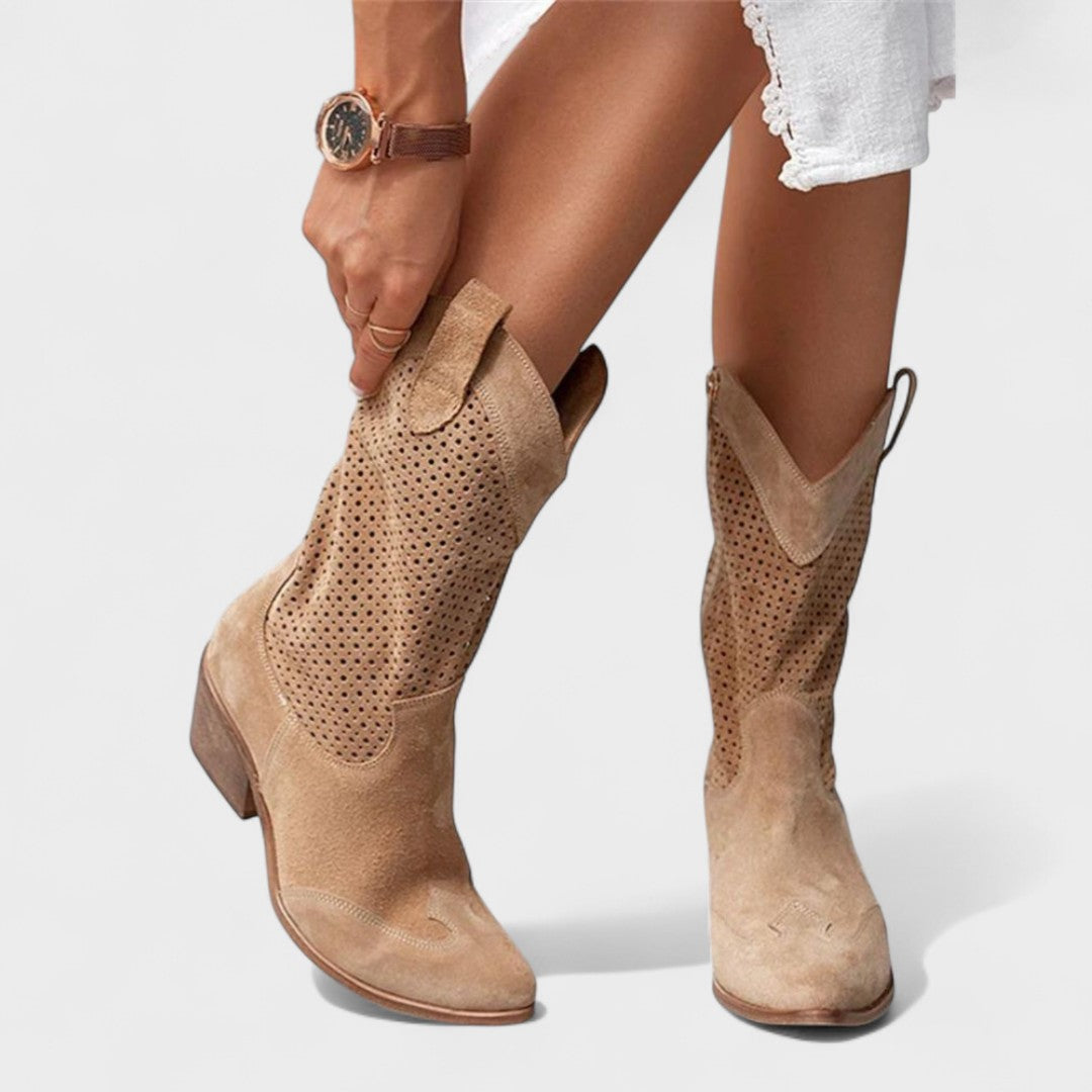 Women’s Western Ankle Boots – Perforated Suede Style Low Heel Pull-On Boots
