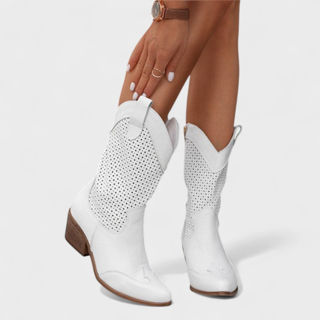 Women’s Western Ankle Boots – Perforated Suede Style Low Heel Pull-On Boots