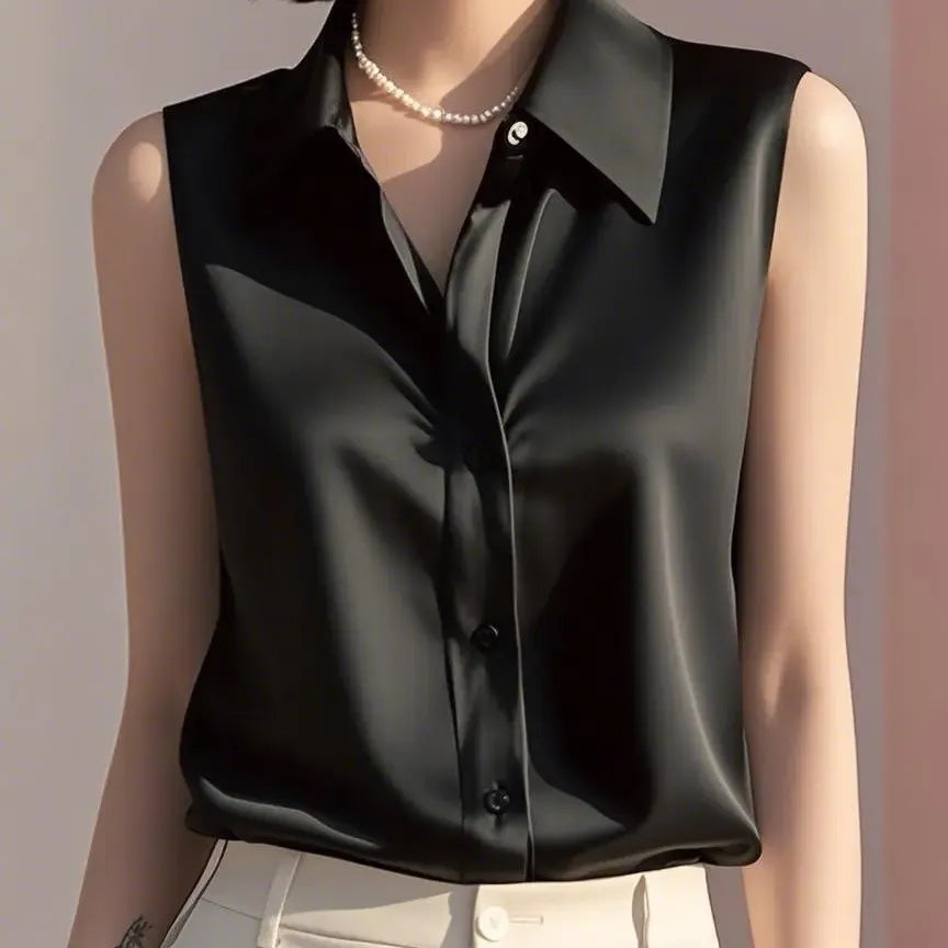 Women’s Sleeveless Satin Button Blouse – Elegant Collared Top