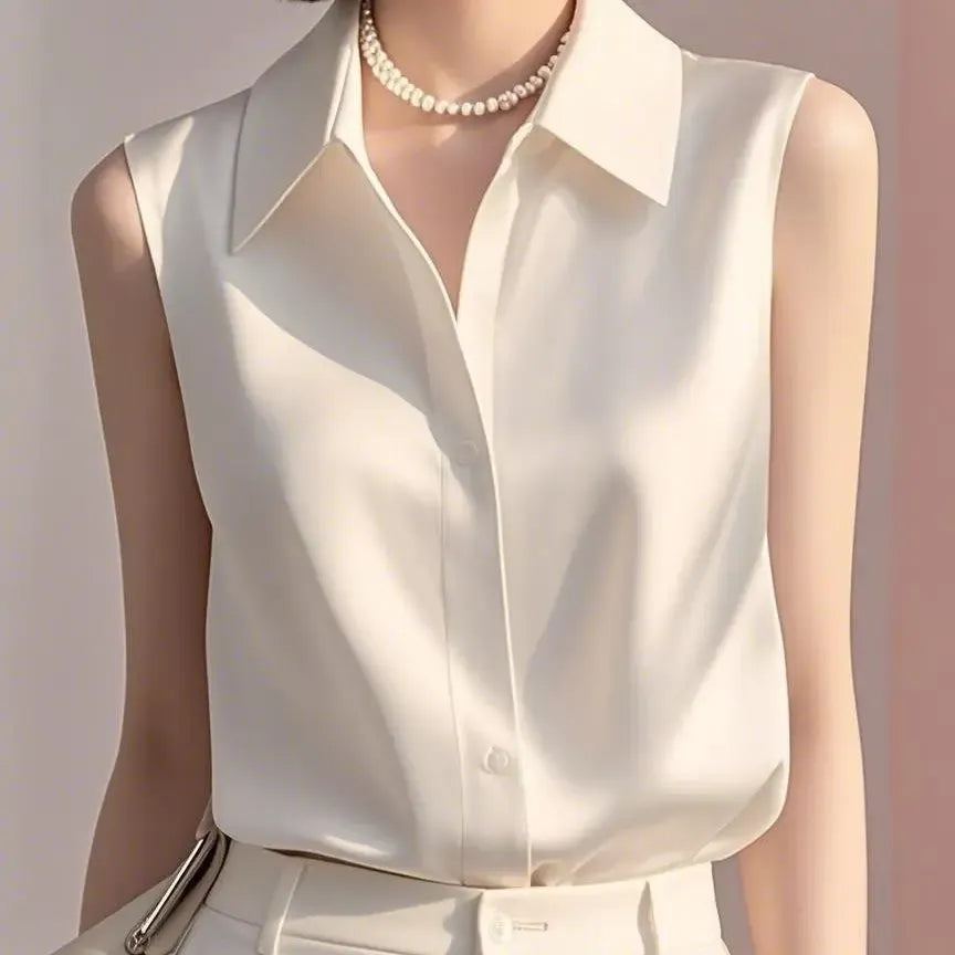 Women’s Sleeveless Satin Button Blouse – Elegant Collared Top