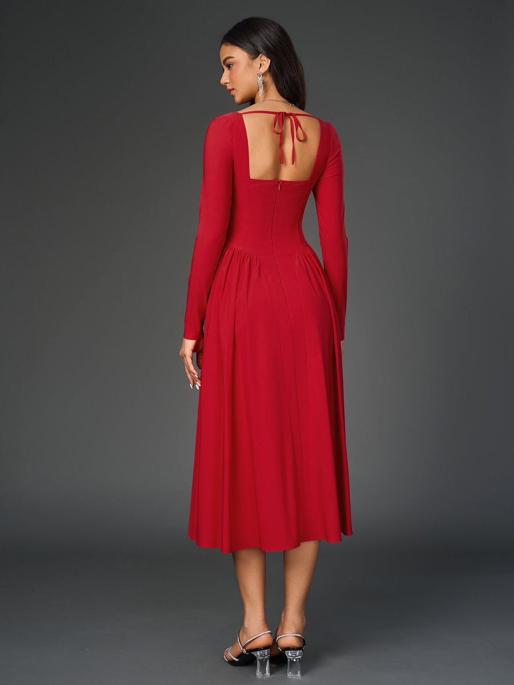 Long Sleeve Tie Back A-Line Dress – Elegant Maxi with Sweetheart Neckline & Ruched Detail