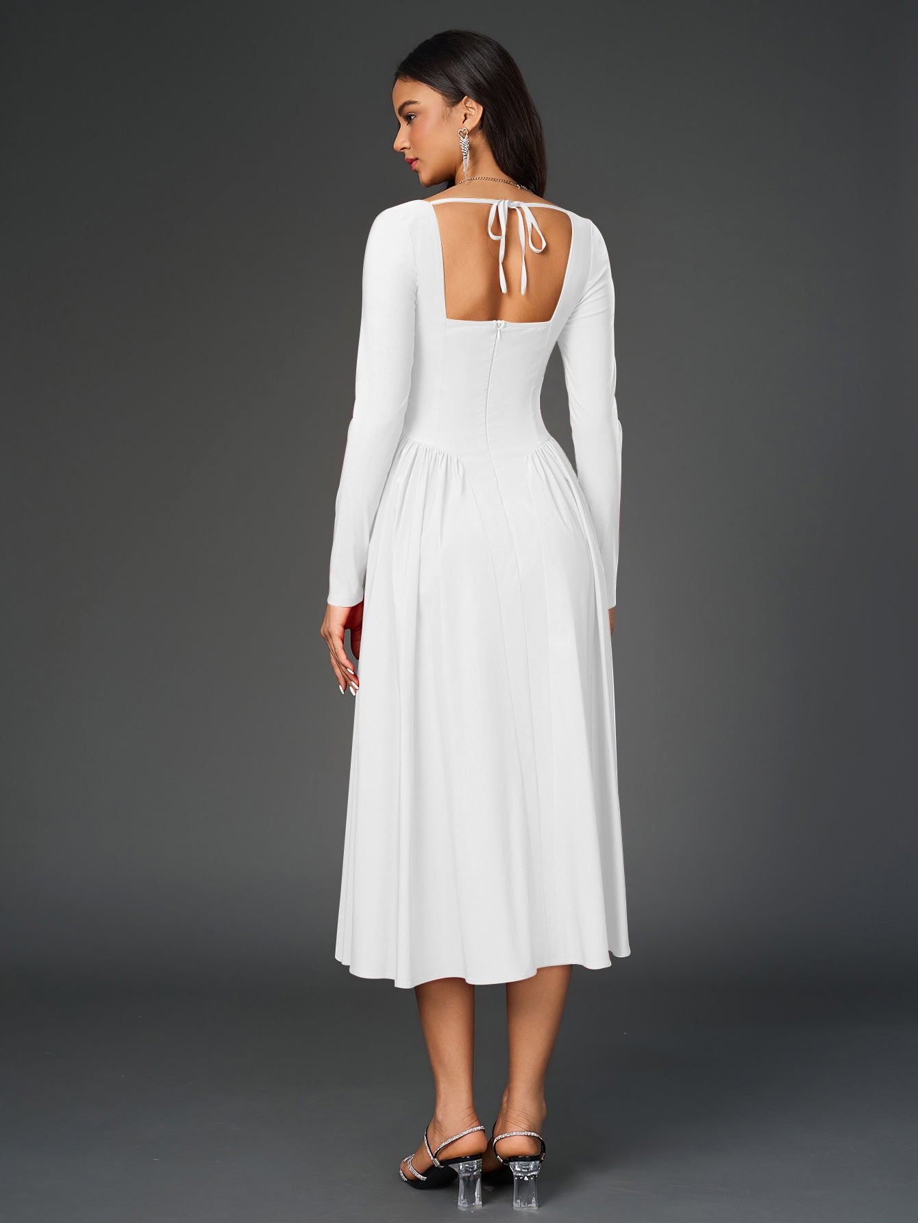 Long Sleeve Tie Back A-Line Dress – Elegant Maxi with Sweetheart Neckline & Ruched Detail