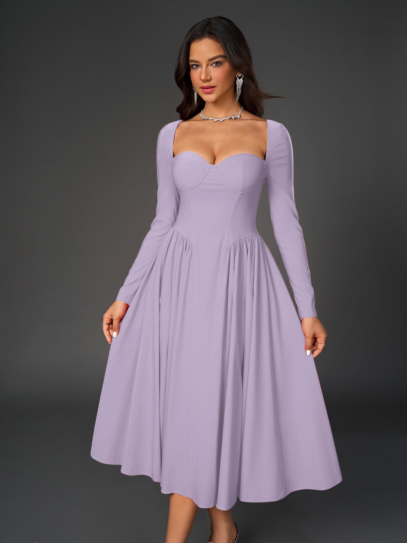 Long Sleeve Tie Back A-Line Dress – Elegant Maxi with Sweetheart Neckline & Ruched Detail