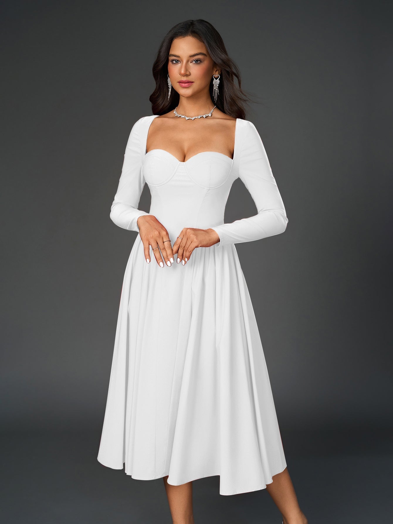 Long Sleeve Tie Back A-Line Dress – Elegant Maxi with Sweetheart Neckline & Ruched Detail