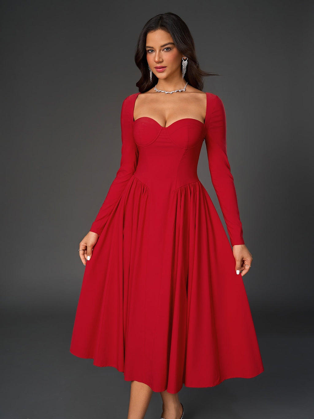 Long Sleeve Tie Back A-Line Dress – Elegant Maxi with Sweetheart Neckline & Ruched Detail
