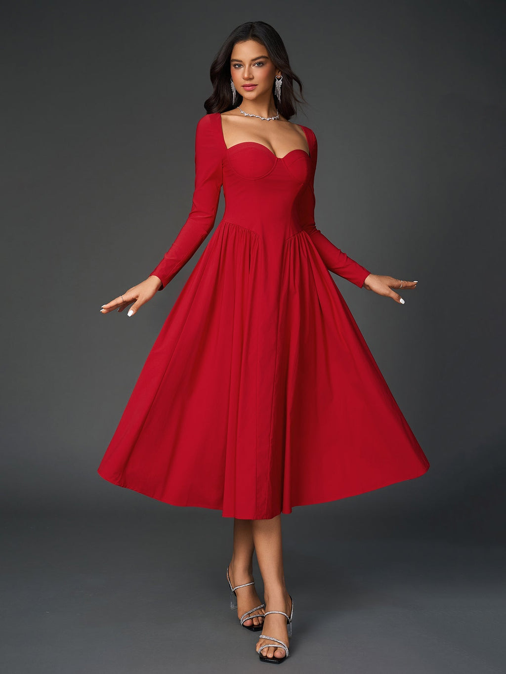 Long Sleeve Tie Back A-Line Dress – Elegant Maxi with Sweetheart Neckline & Ruched Detail