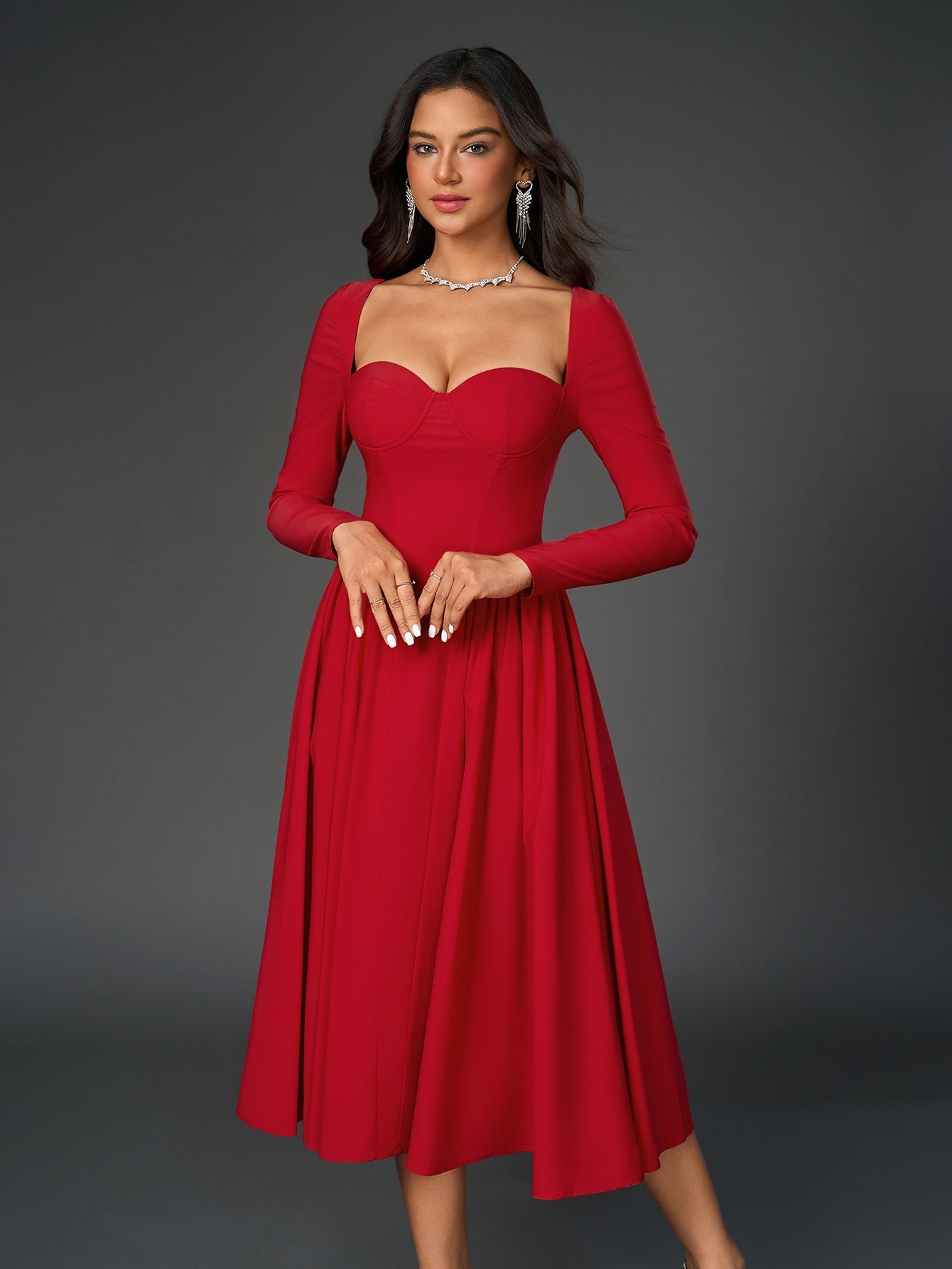Long Sleeve Tie Back A-Line Dress – Elegant Maxi with Sweetheart Neckline & Ruched Detail