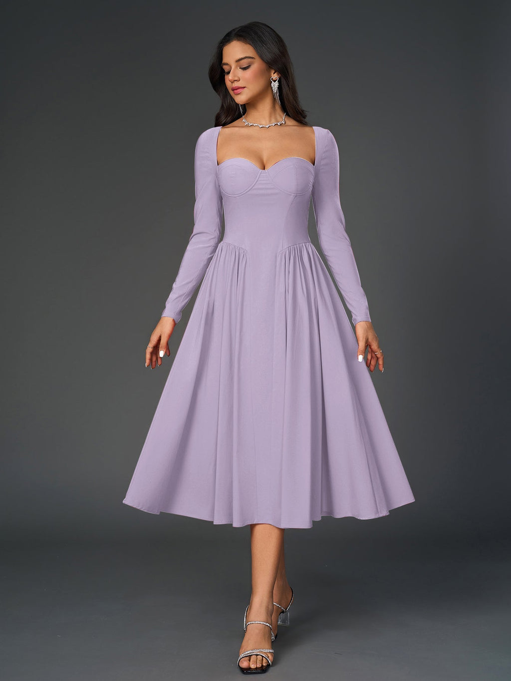 Long Sleeve Tie Back A-Line Dress – Elegant Maxi with Sweetheart Neckline & Ruched Detail