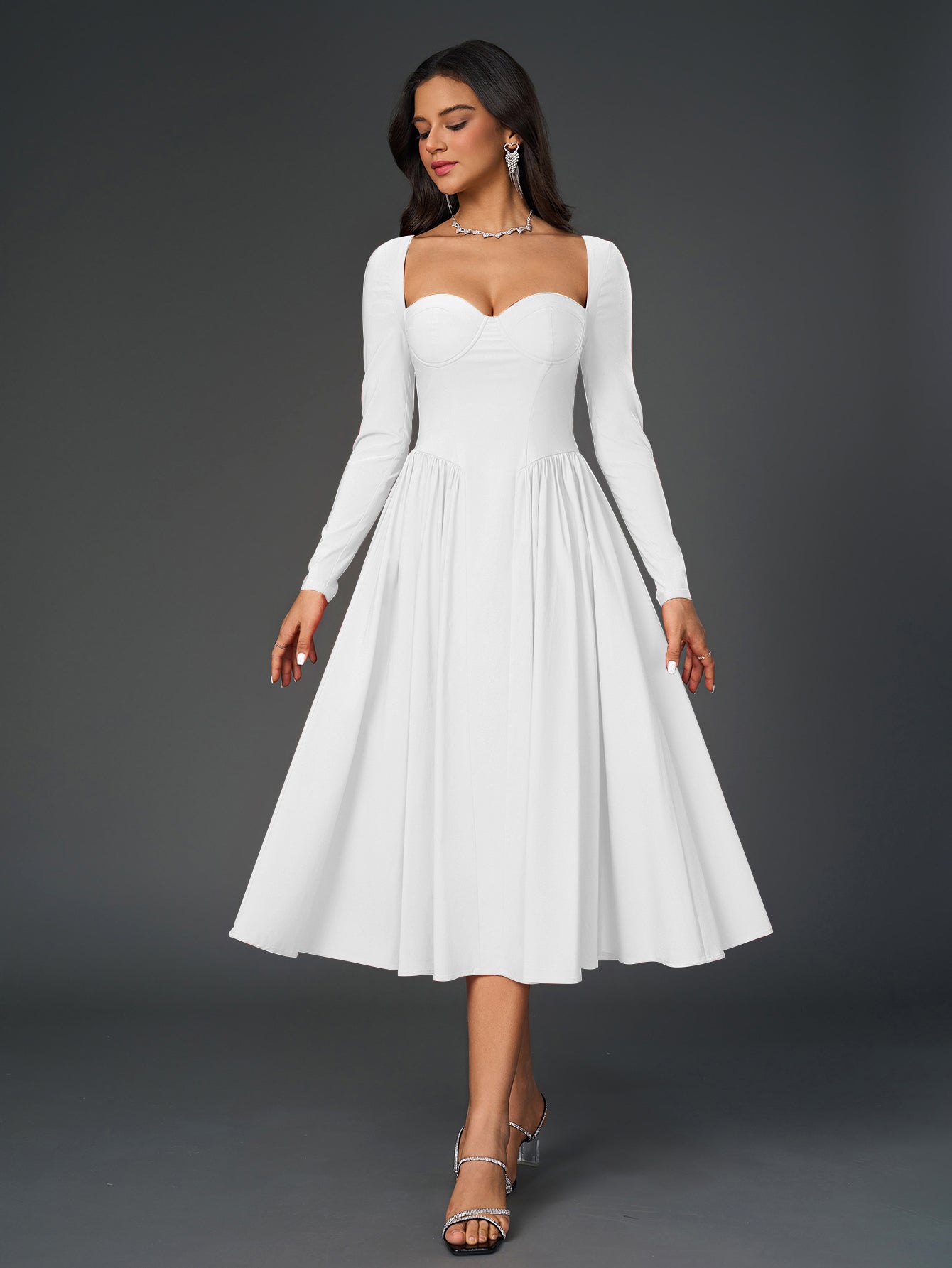 Long Sleeve Tie Back A-Line Dress – Elegant Maxi with Sweetheart Neckline & Ruched Detail