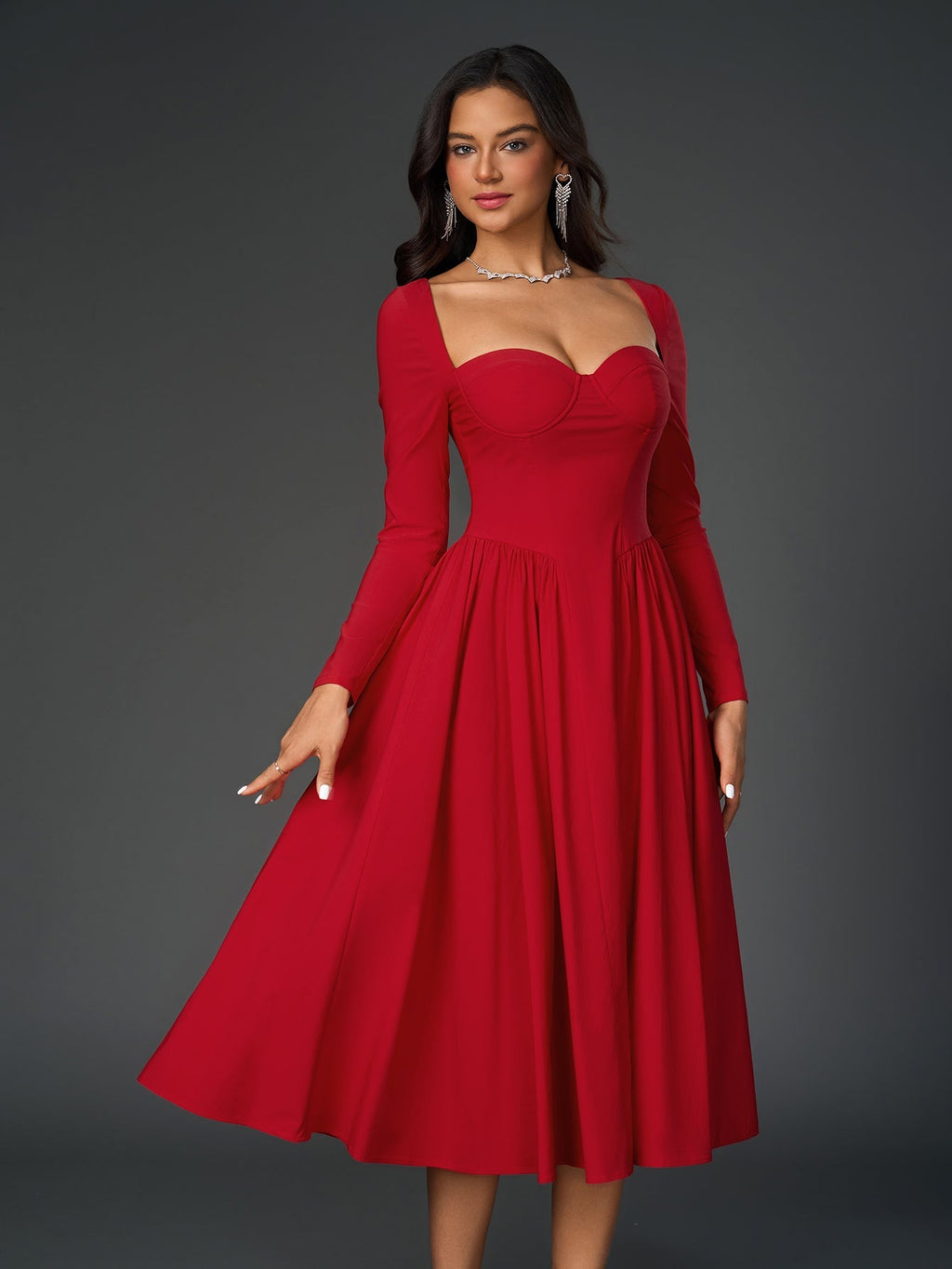 Long Sleeve Tie Back A-Line Dress – Elegant Maxi with Sweetheart Neckline & Ruched Detail
