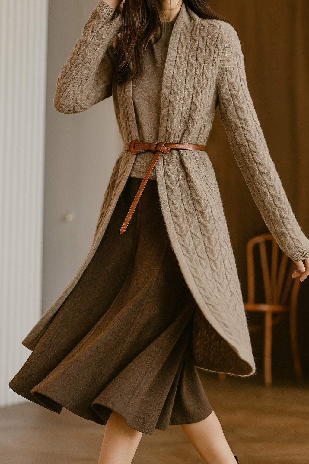 Women’s Long Cable Knit Cardigan – Cozy Merino Blend Layer for Winter Elegance