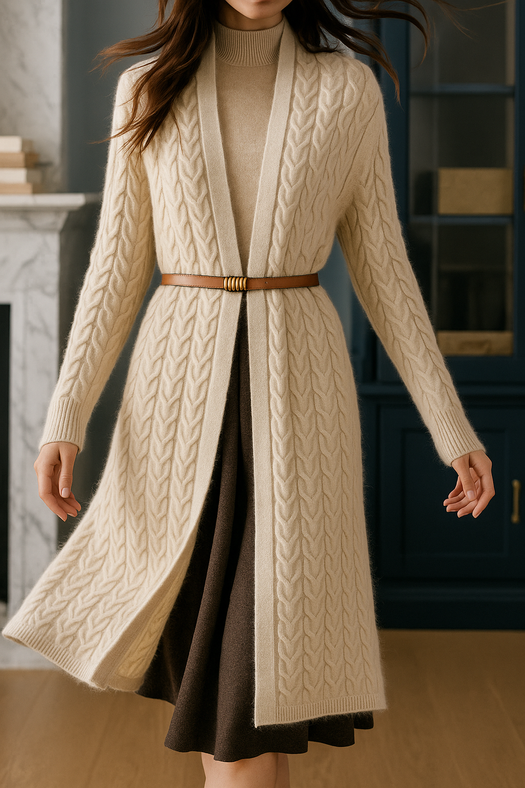 Women’s Long Cable Knit Cardigan – Cozy Merino Blend Layer for Winter Elegance