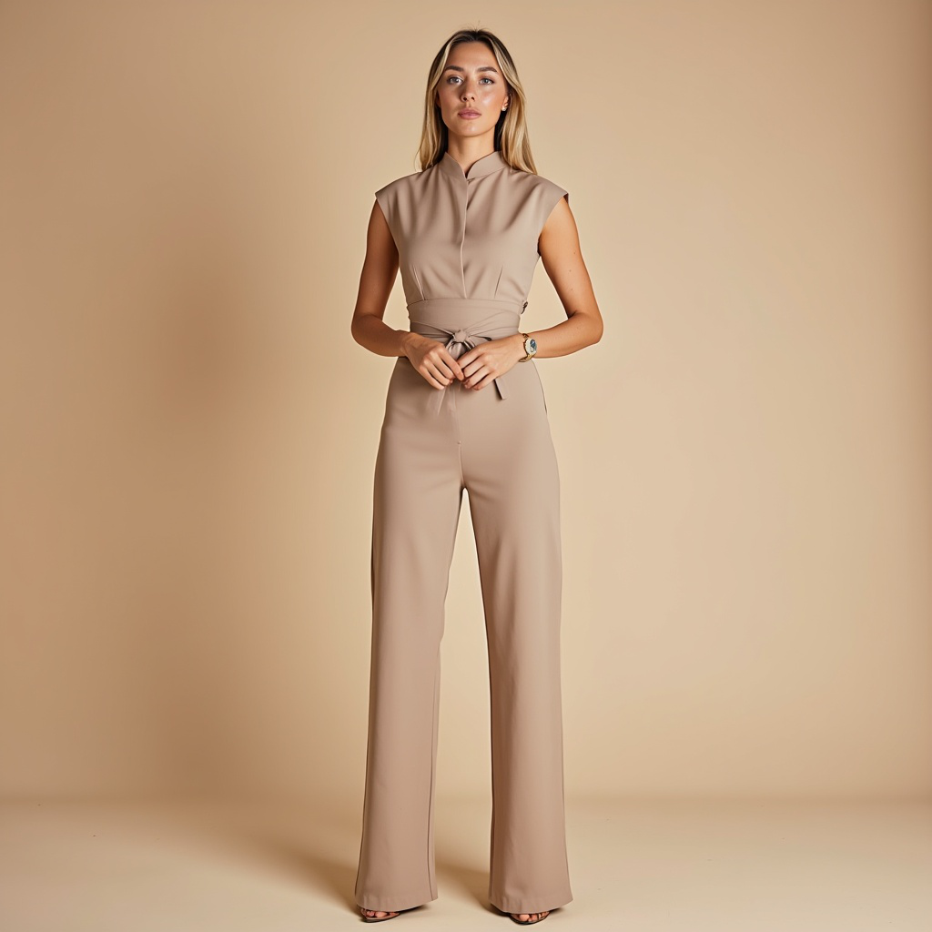 Women’s Wide Leg Jumpsuit – High Neck Belted Full Length One Piece