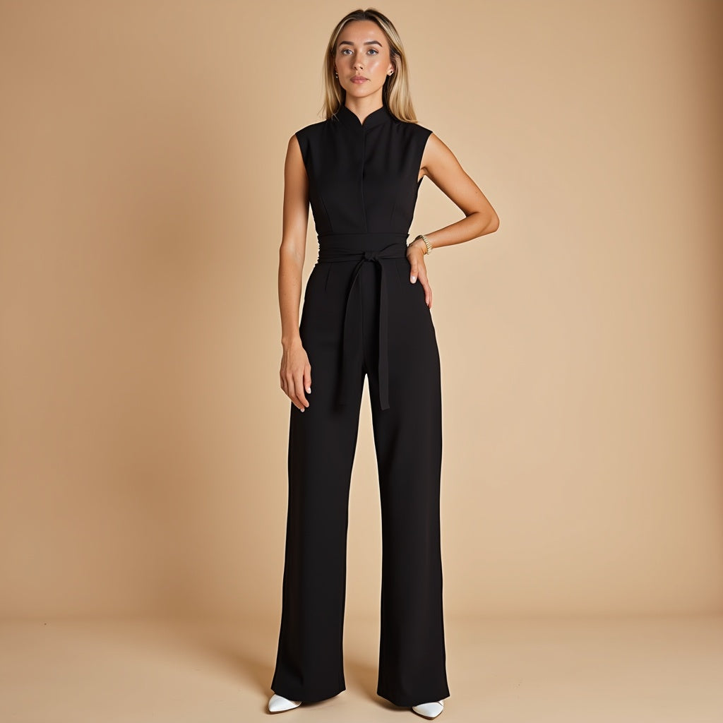 Women’s Wide Leg Jumpsuit – High Neck Belted Full Length One Piece