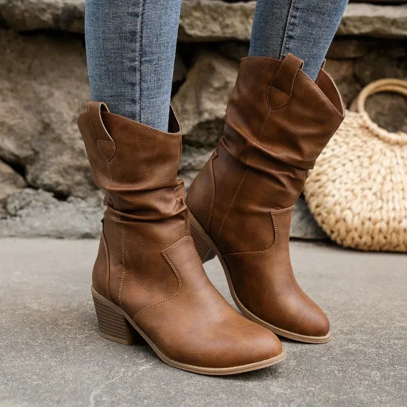 Women’s Mid Calf Western Boots – Slouchy Cowboy Boots with Block Heel