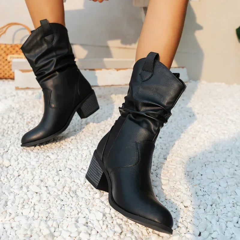 Women’s Mid Calf Western Boots – Slouchy Cowboy Boots with Block Heel