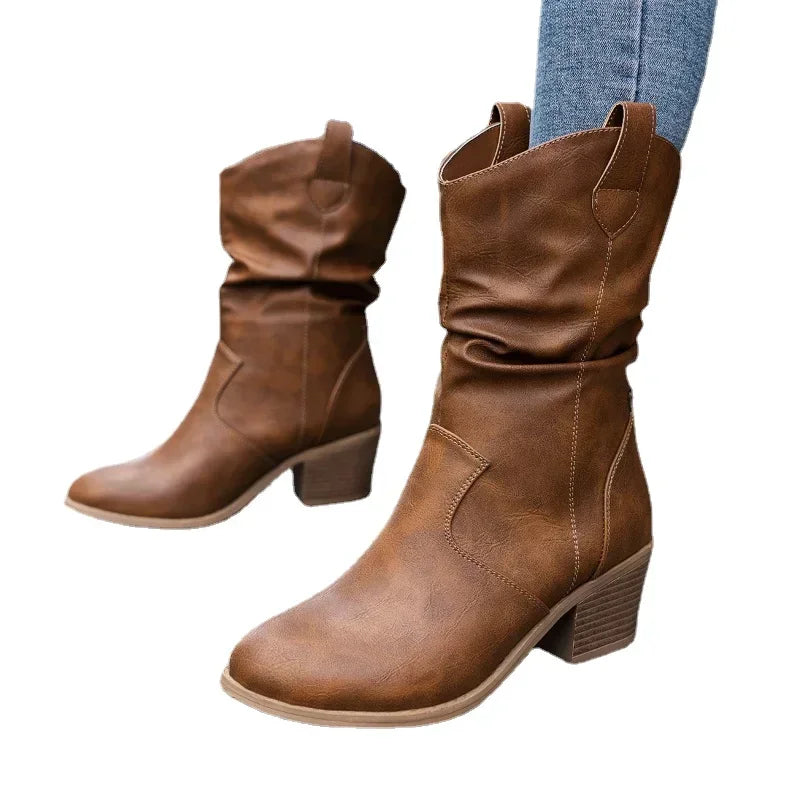 Women’s Mid Calf Western Boots – Slouchy Cowboy Boots with Block Heel