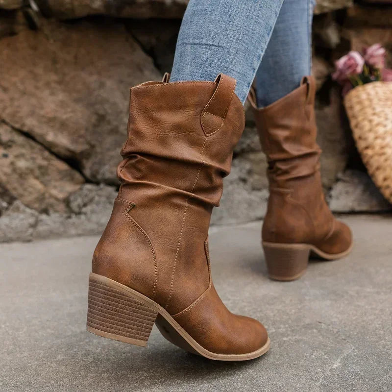 Women’s Mid Calf Western Boots – Slouchy Cowboy Boots with Block Heel