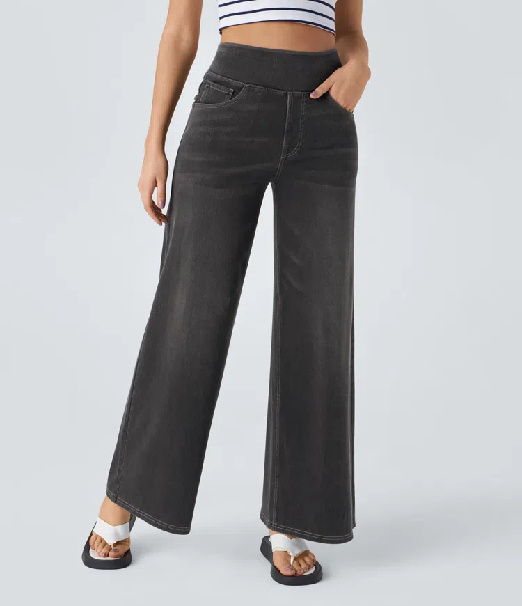 Women’s High Waisted Wide Leg Jeans – Stretch Pull-On Cotton Blend Denim