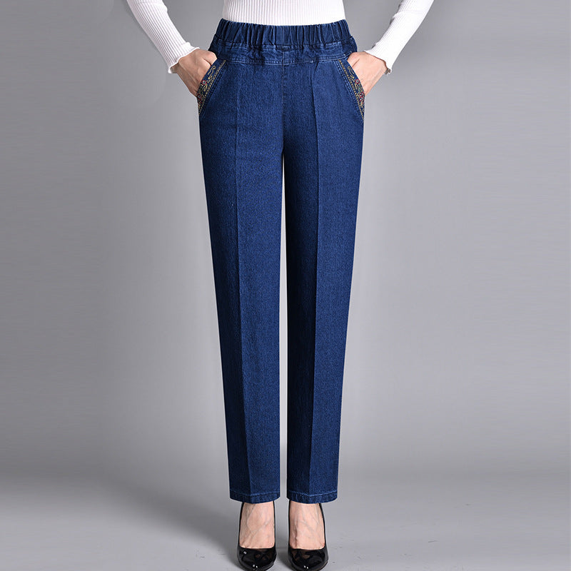 Women’s Straight Leg Jeans – Elastic Waist Polyester Blend Denim for Everyday Comfort