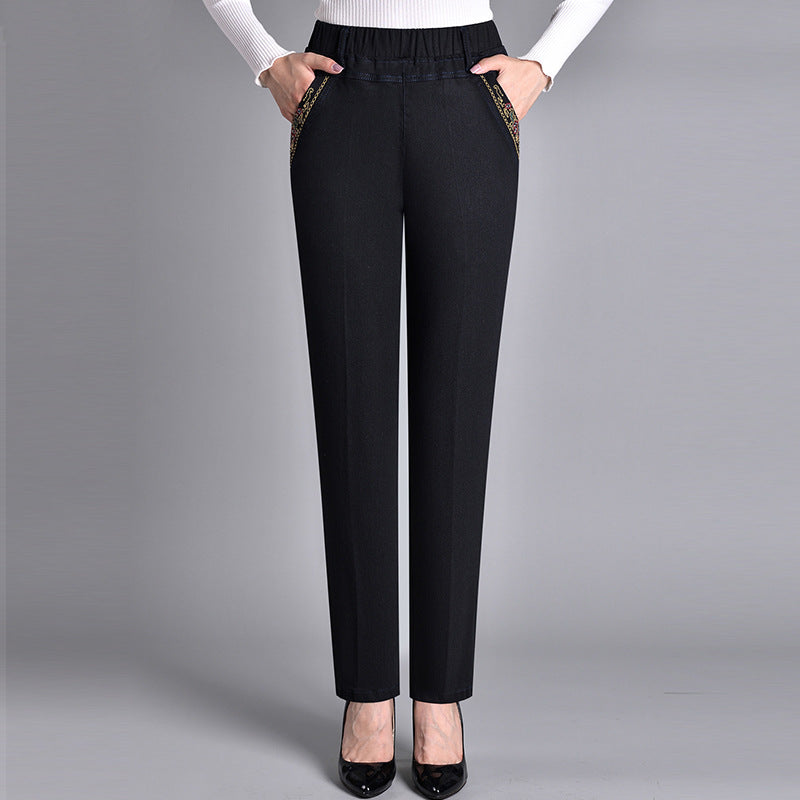 Women’s Straight Leg Jeans – Elastic Waist Polyester Blend Denim for Everyday Comfort