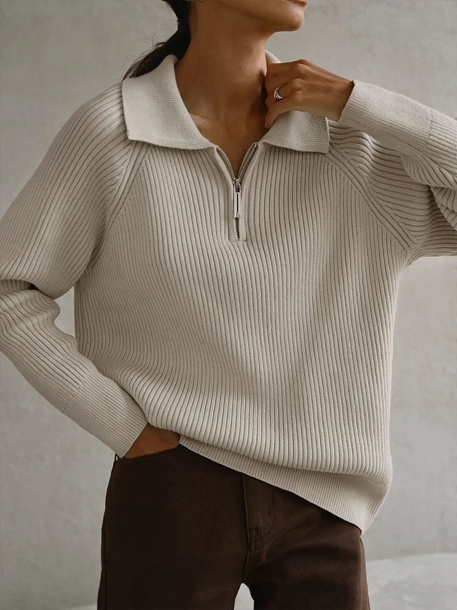 Ribbed Half-Zip Sweater with Polo Collar – Soft Knit Pullover for Everyday Wear