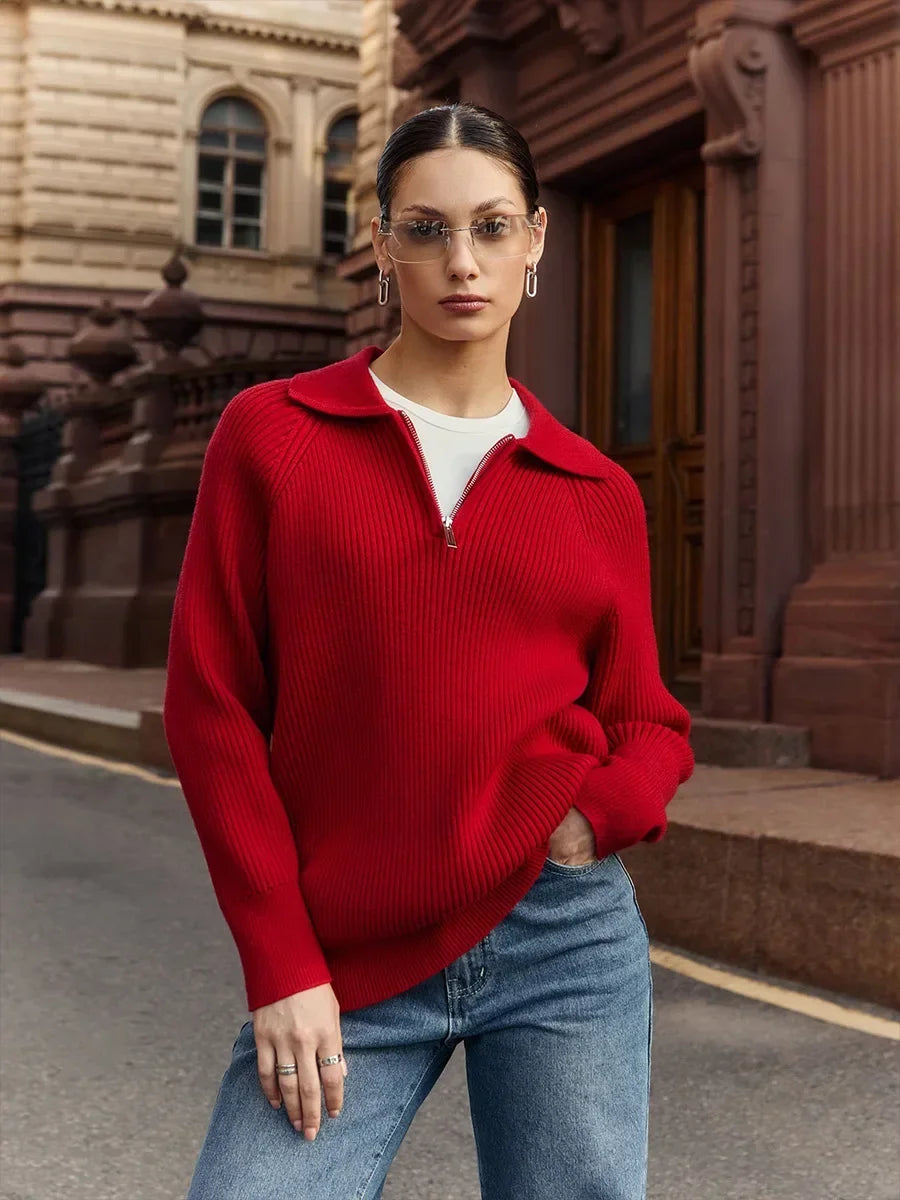 Ribbed Half-Zip Sweater with Polo Collar – Soft Knit Pullover for Everyday Wear