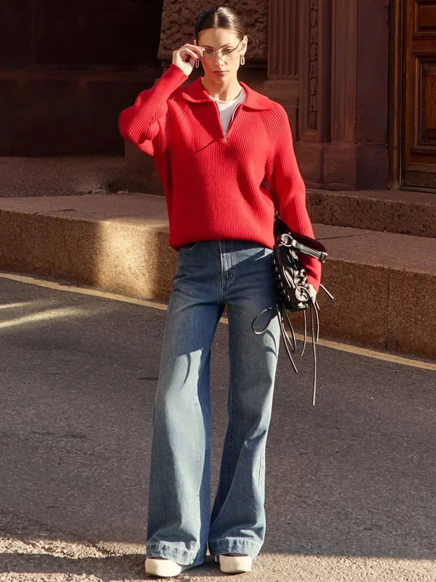 Ribbed Half-Zip Sweater with Polo Collar – Soft Knit Pullover for Everyday Wear