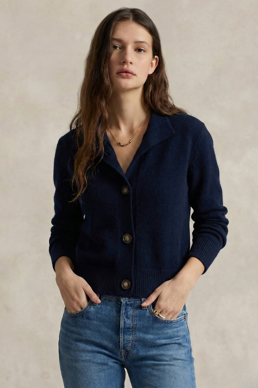 Women’s Button Cardigan – Half High Neck Polyester Knit Layer