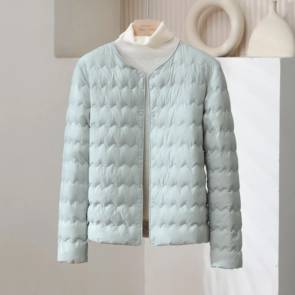Women’s Collarless Quilted Down Jacket – Lightweight Snap Button Puffer