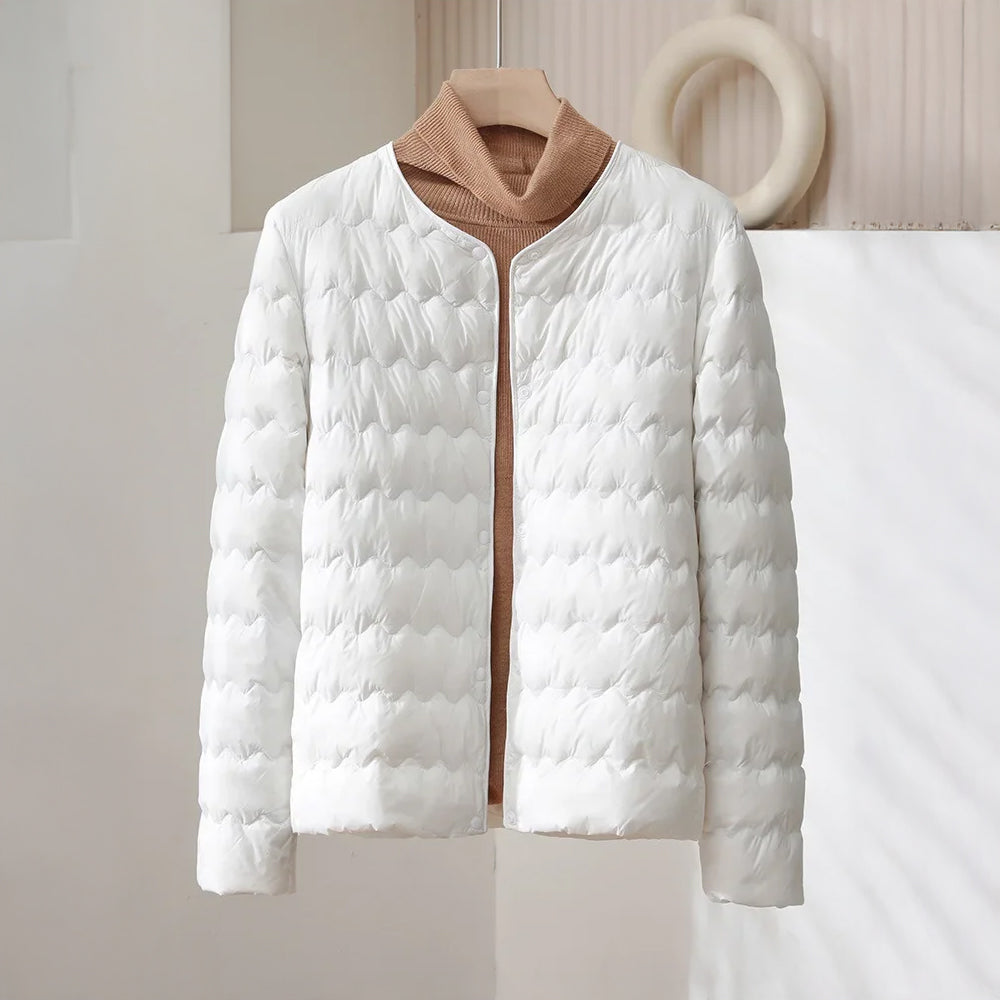 Women’s Collarless Quilted Down Jacket – Lightweight Snap Button Puffer