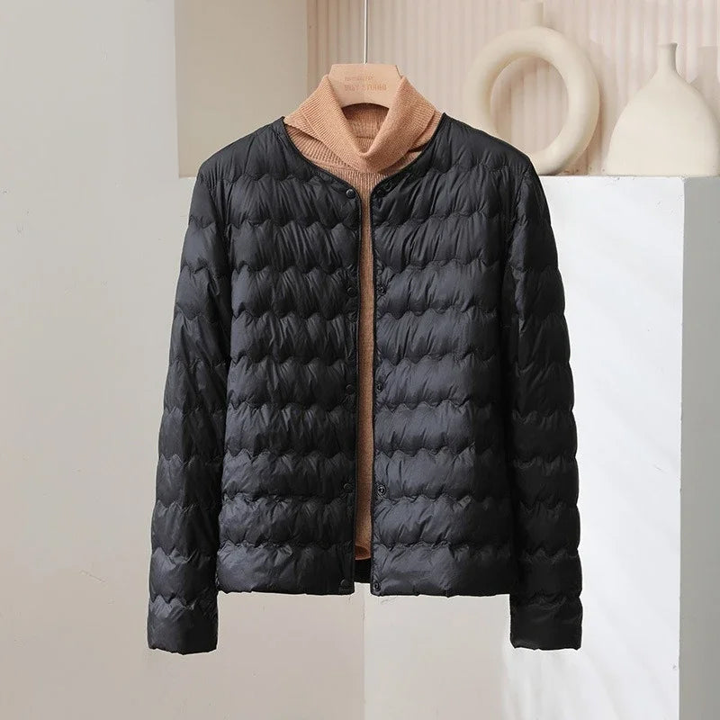 Women’s Collarless Quilted Down Jacket – Lightweight Snap Button Puffer