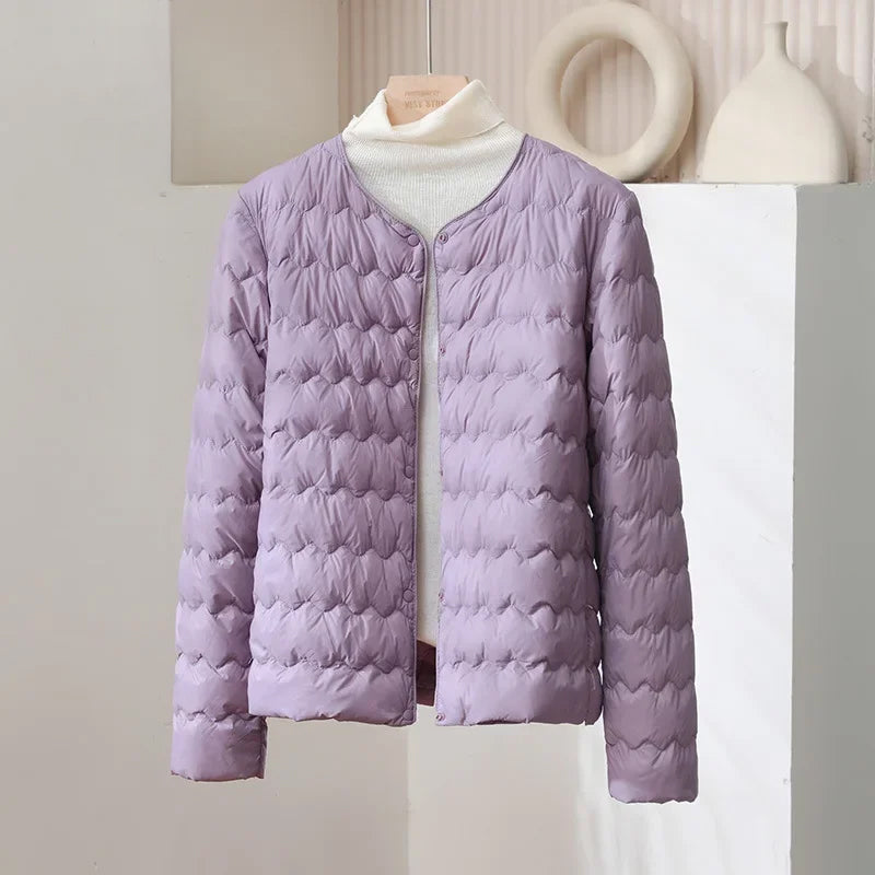 Women’s Collarless Quilted Down Jacket – Lightweight Snap Button Puffer