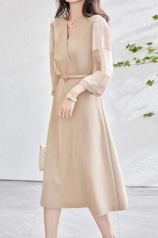 Women’s V Neck Crossover Midi Dress – Sheer Check Belted Occasion Dress